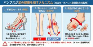 後足部過回内（オーバープロネーション）が外反母趾を引き起こすメカニズム。踵が内側に倒れ、親指にねじれの力が加わる様子を説明するインフォグラフィック。オアシス整骨鍼灸院監修。