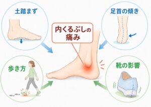 内くるぶし・土踏まず・足首の傾き・歩き方・靴のつながりが分かる図