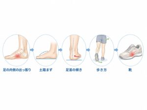 足の内側の出っ張り・土踏まず・足首の傾き・歩き方・靴のつながりが分かる図