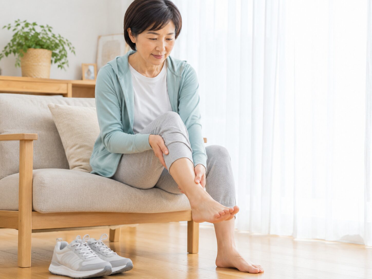 歩く前に足首やふくらはぎをやさしく動かす様子