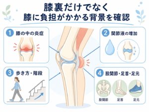 膝裏のふくらみ・膝関節内の負担・歩き方・股関節や足元のつながりが分かる図