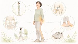 腰だけ・足元だけではなく、姿勢・股関節・骨盤・歩き方・足元・靴が相互に関係しているイメージ