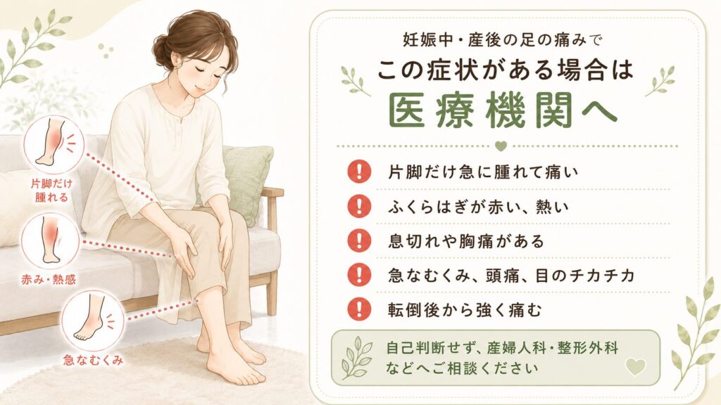 妊娠中・産後の足の痛みやむくみで医療機関へ相談した方がよい危険サインをまとめた画像