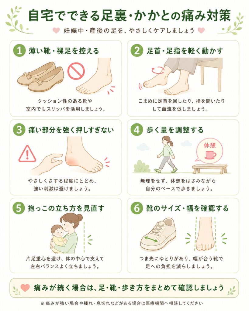 妊娠中・産後の足裏やかかとの痛みに対して、自宅でできる靴の見直し、足首運動、歩行量調整、抱っこ姿勢、靴のサイズ確認をまとめた図解