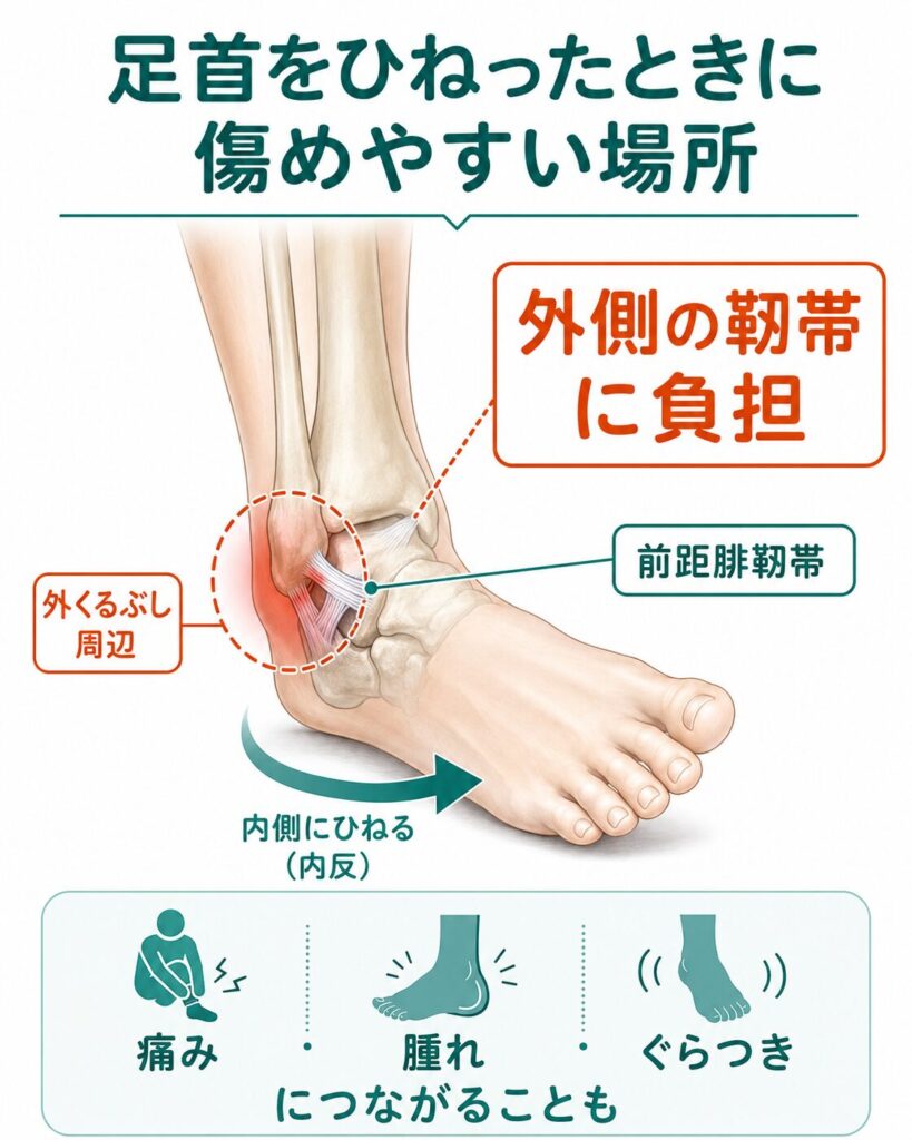 足関節捻挫で足首の外側の靭帯を傷めやすい場所を示した図解