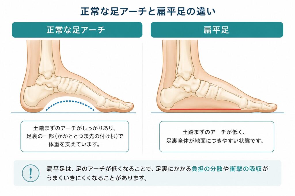 正常な足アーチと扁平足の違いを比較したイラスト