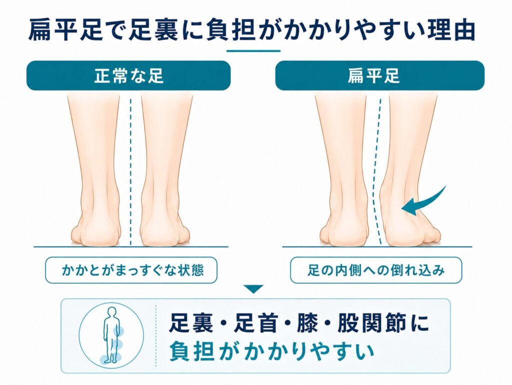 扁平足による足の内側への倒れ込みと足裏への負担を示したイラスト