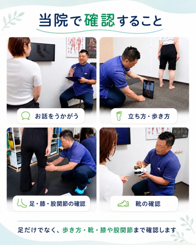 扁平足による足裏の痛みに対して歩き方・靴・膝や股関節の状態を確認している様子