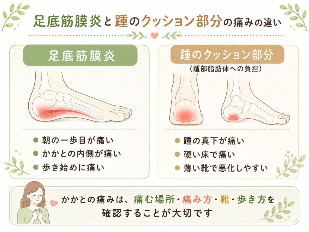 足底筋膜炎と踵のクッション部分への負担による痛みの違いを、かかとの内側と踵の真下の痛みで比較した図解