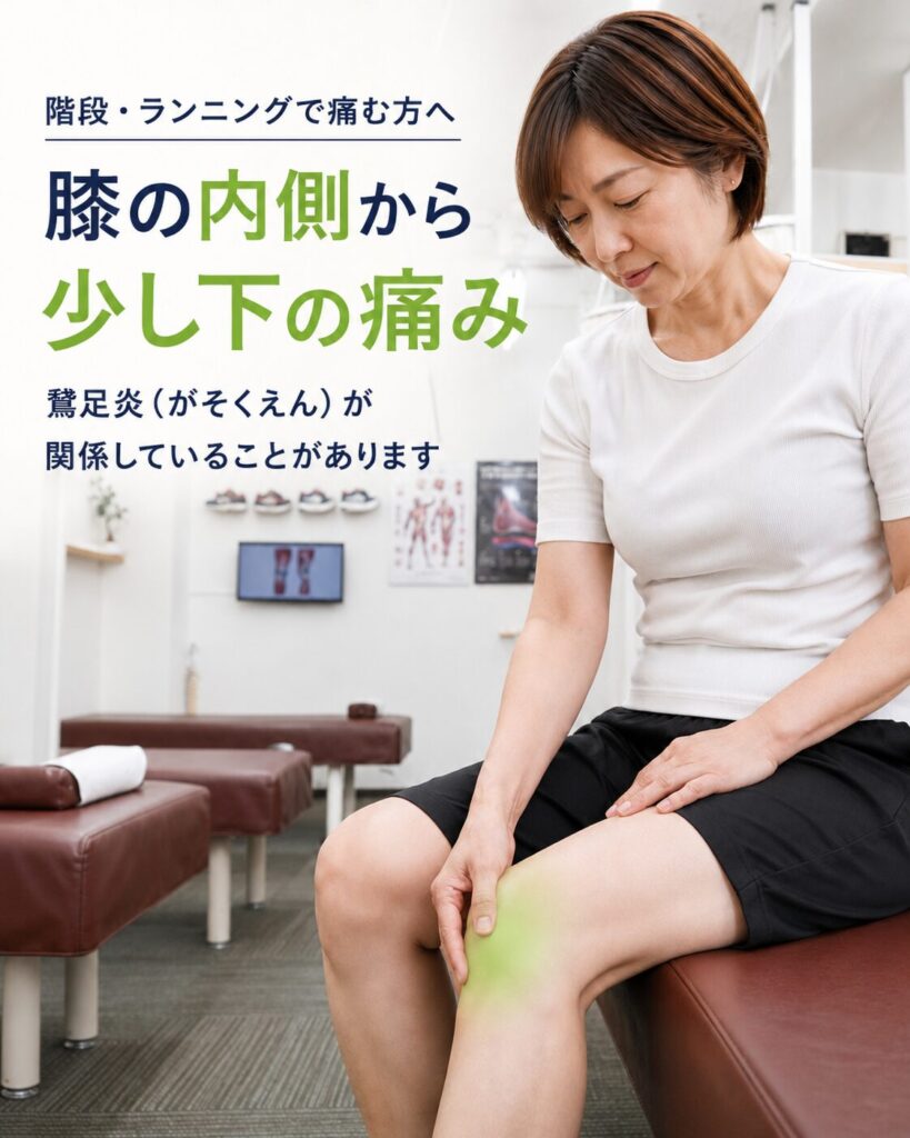 階段やランニングで膝の内側から少し下に痛みを感じる女性の様子