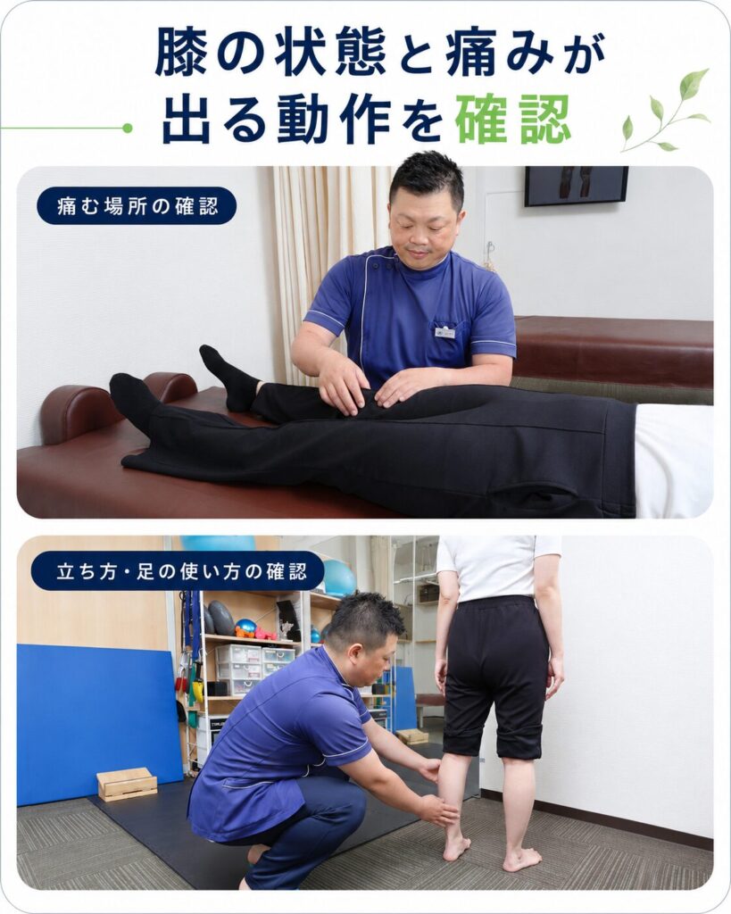 膝の痛む場所の確認と、立ち方・足の使い方を確認しているオアシス整骨鍼灸院の検査風景