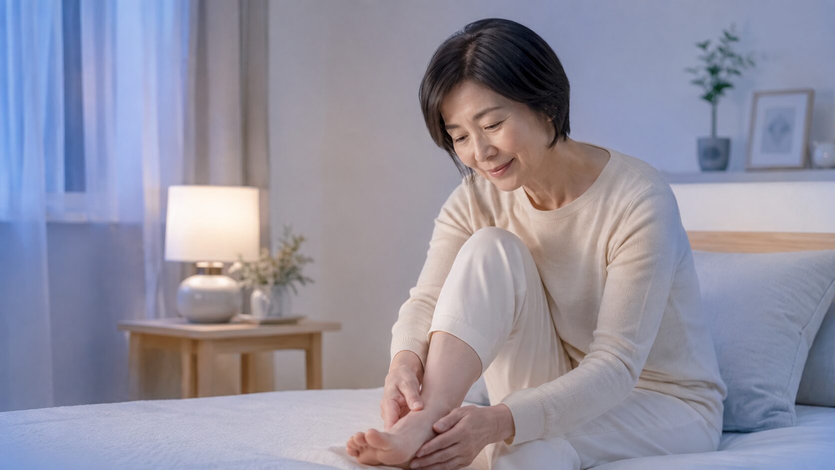 夜に足の痛みが気になり足に手を添える女性のイメージ