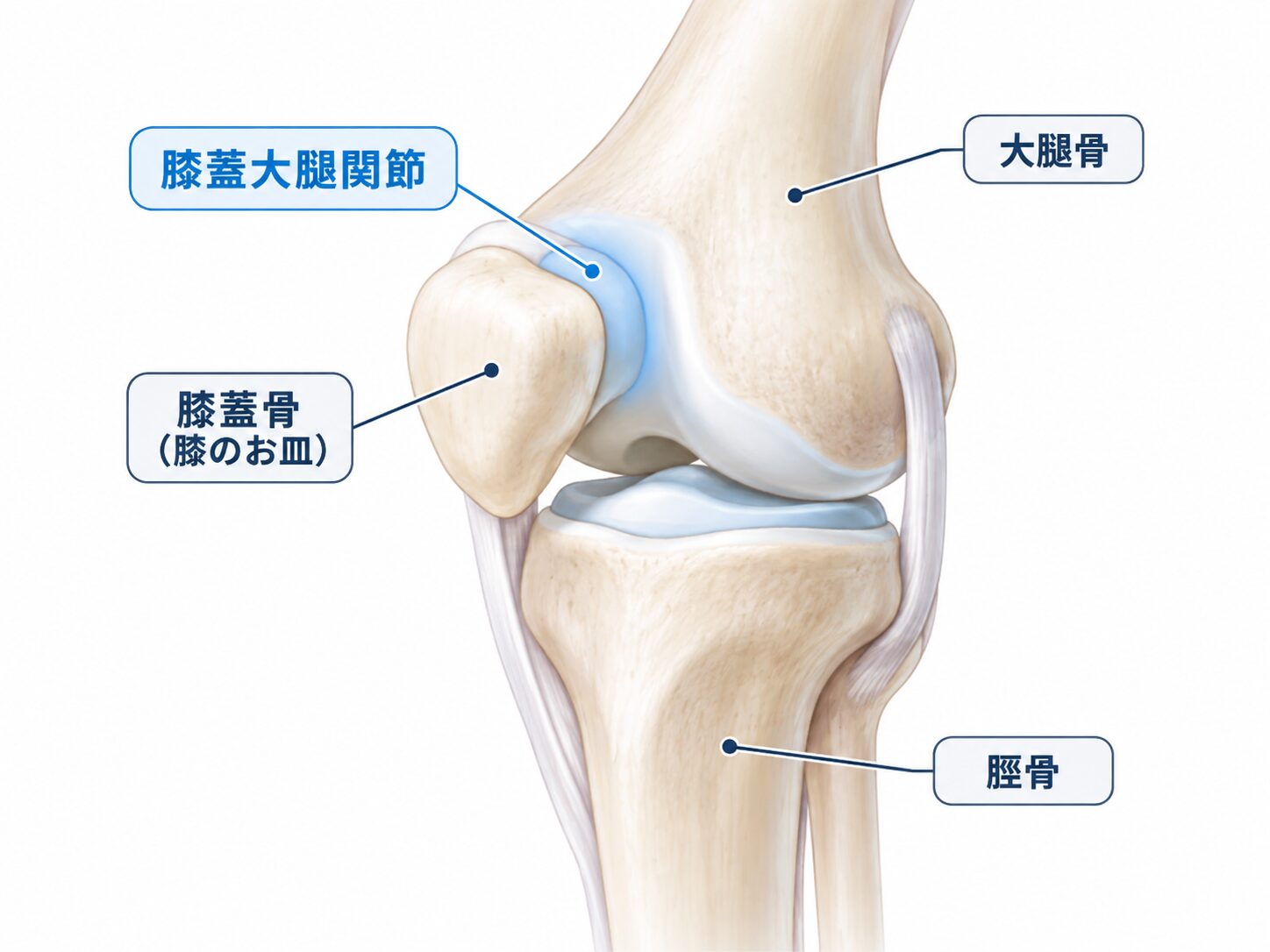 膝蓋骨と大腿骨の間にある膝蓋大腿関節の位置
