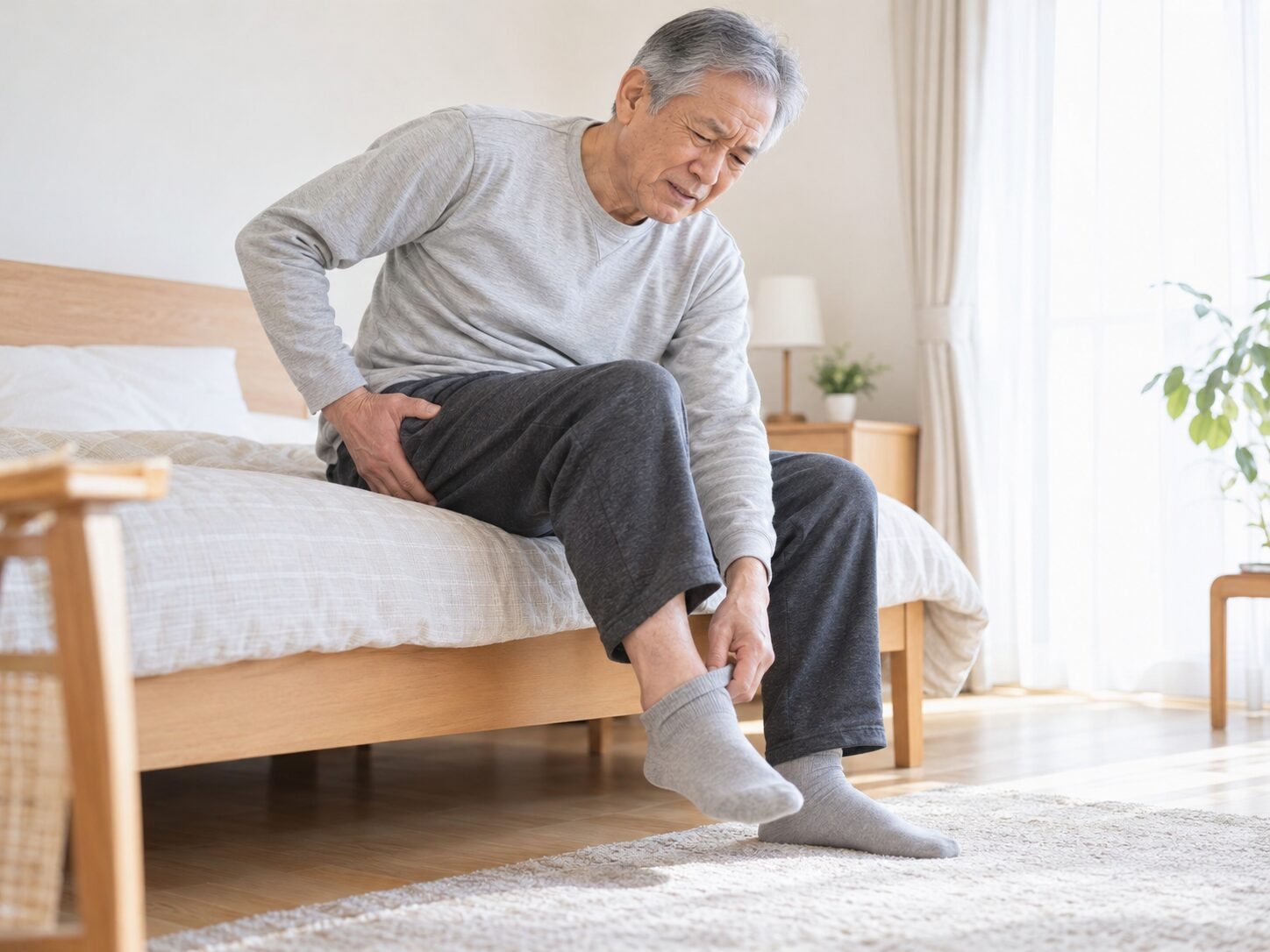 朝、靴下を履こうとして右股関節の痛みを感じる70代男性の再現イメージ